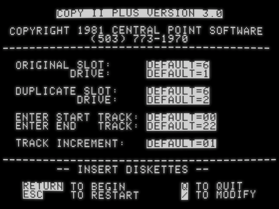 screenshot of "Copy II Plus Version 3.0" with slot/drive, start/end track, track increment, and "/ to modify" additional parameters
