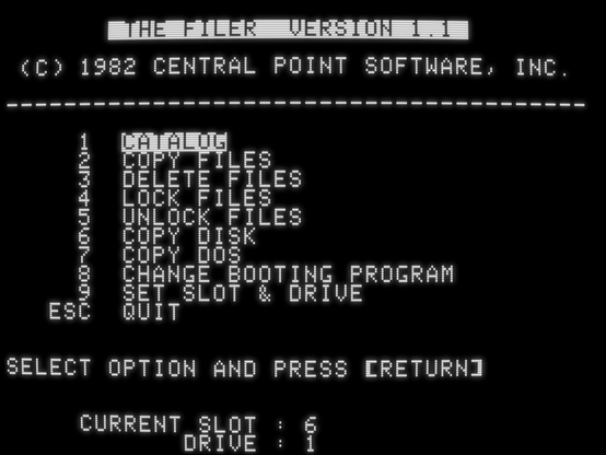 screenshot of "The Filer Version 1.1" with main menu options Catalog, Copy Files, Delete Files, Lock Files, Unlock Files, Copy Disk, Copy DOS, Change Booting Program, and Set Slot/Drive