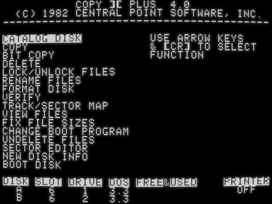 screenshot of Copy II Plus 4.0, with main menu functions Catalog Disk, Copy, Bit Copy, Delete, Lock/Unlock Files, Rename Files, Format Disk, Verify, Track/Sector Map, View Files, Fix File Sizes, Change Boot Program, Undelete Files, Sector Editor, New Disk Info, and Boot Disk