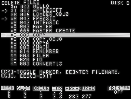 screenshot of "Delete Files" interface with disk catalog showing file types, sizes and names, with three files marked for deletion