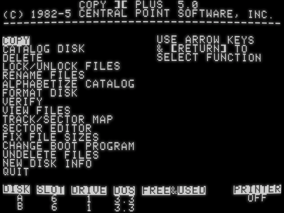 screenshot of "Copy II Plus 5.0" with main menu functions Copy, Catalog Disk, Delete, Lock/Unlock Files, Rename Files, Alphabetize Catalog, Format Disk, Verify, View Files, Track/Sector Map, Sector Editor, Fix File Sizes, Change Boot Program, Undelete Files, New Disk Info, and Quit