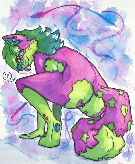 A watercolor painting of a green and magenta anthro fox woman squatting and showing her butt to the viewer while saying ":P"