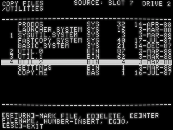 screenshot of "Copy Files" source: slot 7, drive 2
/UTILITIES

with list of file names, types, sizes, and dates