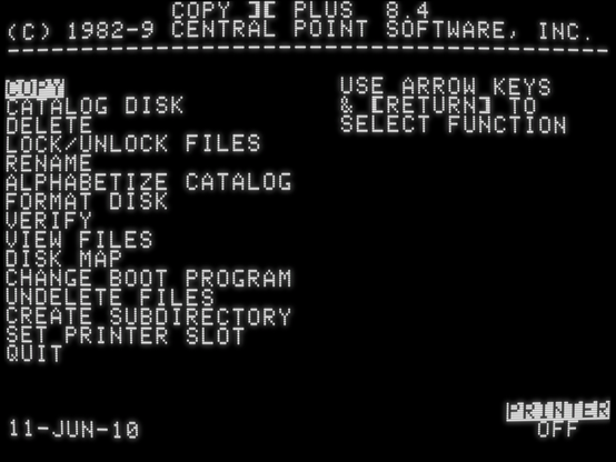 screenshot of Copy II Plus 8.4 with main menu functions Copy, Catalog Disk, Delete, Lock/Unlock Files, Rename, Alphabetize Catalog, Format Disk, Verify, View Files, Disk Map, Change Boot Program, Undelete Files, Create Subdirectory, Set Printer Slot, and Quit