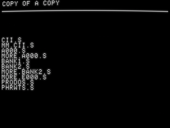 screenshot of list of filenames

CII.S
MM.CII.S
A000.S
MORE.A000.S
BANK1.S
BANK2.S
MORE.BANK2.S
MORE.E000.S
PRODOS.S
PHRWTS.S