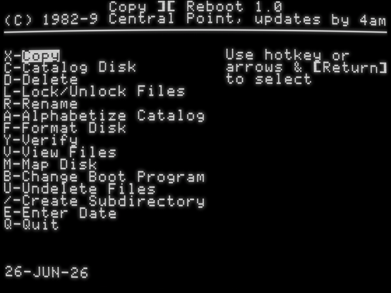 screenshot of "Copy II Reboot 1.0" with main menu functions Copy, Catalog Disk, Delete, Lock/Unlock Files, Rename, Alphabetize Catalog, Format Disk, Verify, View Files, Map Disk, Change Boot Program, Create Subdirectory, Enter Date, and Quit. Each function is prefaced by its hotkey.
