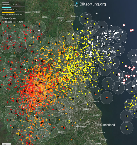 Map showing lighning strikes from a group of storms heading east-north-east across southern Northumberland; screenshot from 2026-06-26 17:17 UTC. Strikes range from recent (white, in the east, out over the North Sea) to red (2 hours old, about half-way between Hexham and the coast).