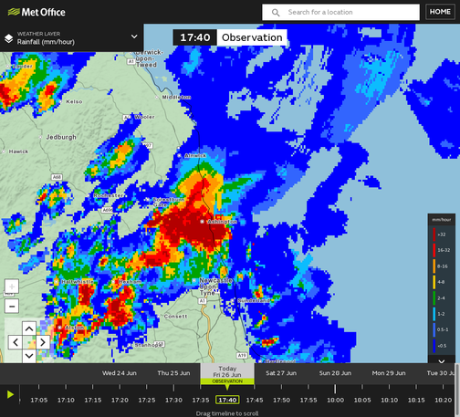 Met Office weather radar image showing rain across southern Northumberland, some of it torrential.