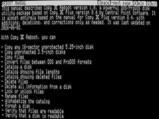 screenshot of Copy II Reboot manual displayed on screen, with options Space-next page, H-Help, Q-quit.