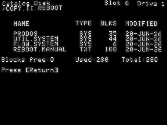 screenshot of "Copy II Reboot" disk catalog with files PRODOS, UTIL.SYSTEM, FLOW.SYSTEM, and REBOOT.MANUAL. Blocks free: 0.