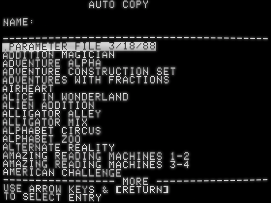 screenshot of "Auto Copy" parameter file 3/18/88 with list of programs
