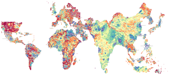 a uniform population projection of the planet, using max roser's layout. the squares are coloured by the population density that those people live at. blue = high density, red = low density. so paris covering ~1/3 of france means that 1/3 of the french population lives there, and the fact that it is dark blue means that those people live densely, and so don't take up much physical land area