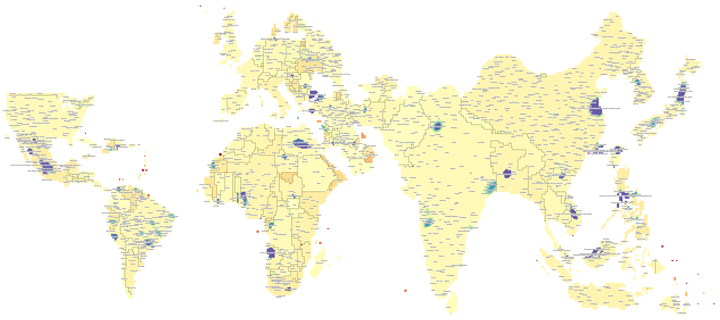 a cartogram coloured by the population contained within the supposedly uniform population cells. yellow = 150k people, blue = excess population, red = deficit of population