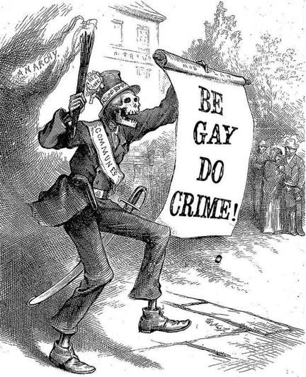 A Thomas Nast cartoon showing a skeleton brandishing a torch and a banner that has been revised to read "Be Gay Do Crime"