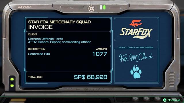 A screenshot from the game Star Fox showing an invoice for 1077 confirmed hits at SP$ 68,928.