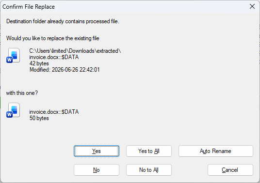 Windows dialog
Confirm File Replace
invoice.docx::$DATA
with
invoice.docx::$DATA