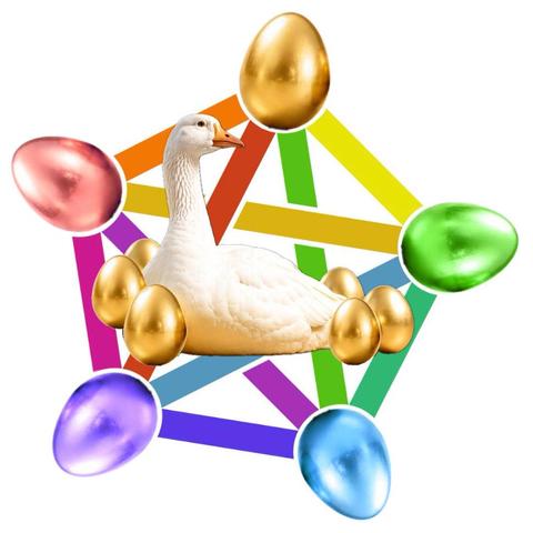 Eukombos' proposed public domain Fediverse symbol: a pentagram of red, yellow, green, blue, and purple circles connected by lines between their colours, but the circles have been replaced with shiny eggs matching their colour and at the centre of the symbol is a goose from SoftBank's infamous "goose value" slideshow proudly sitting there with six golden eggs around it.