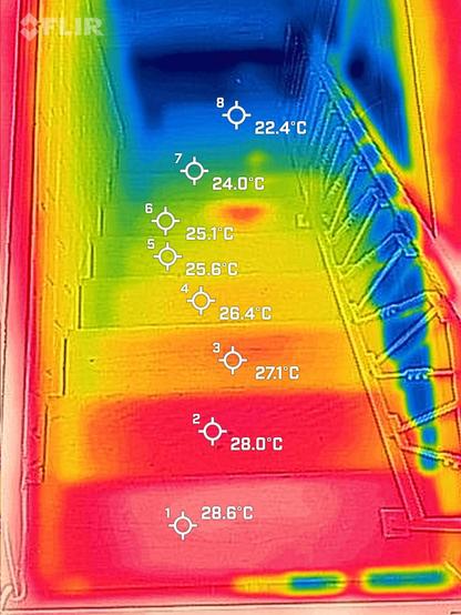 A FLIR thermal image of a staircase going downwards. Marked Temperatures are lower and lower with every step.