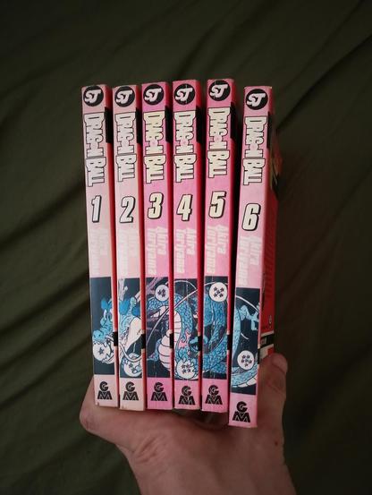 Six books with pink spines, faded from their original vibrant red