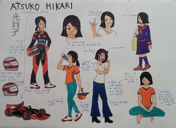 Akko's character sheet. She's a tomboy Japanese racing driver, but her personality still has room to develop.