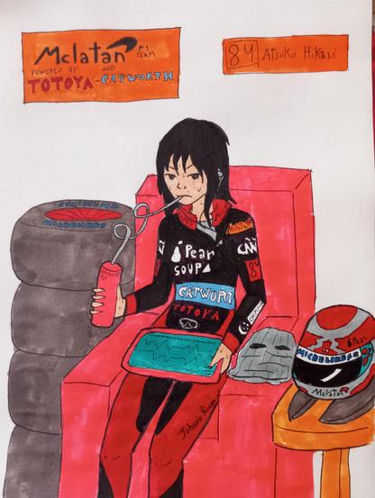 Akko in her racing suit after a testing drive. She's very sweaty, drinking "advanced water" and checking her own telemetry.
