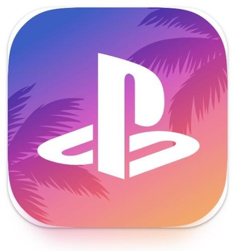 PlayStation App Logo im GTA 6 Stil mit Blau Lila Orange Farbverlauf und Palmen.