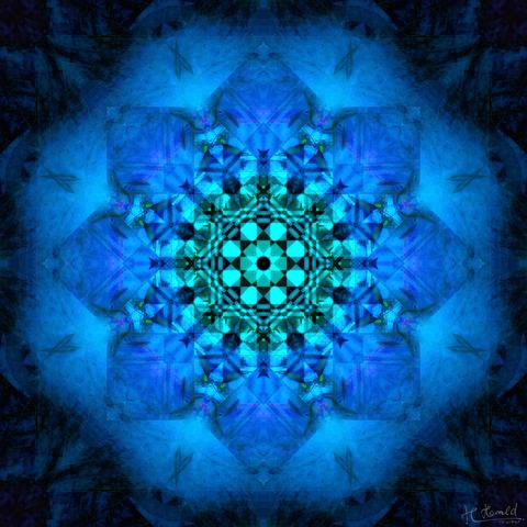 Kaleidoscope-like digital art created from one of my own photographs. In the centre is a star-like shape in turquoise and black, with many overlapping rectangular areas. Around this, the star-like structures become larger, bluer and have a coarse texture. Following a slightly lighter ring with eight crossed lines that look like scissors without the finger loops, the colour gradually deepens to dark blue and then black towards the outer edge.