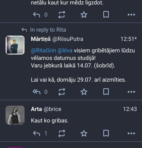 Toot ieraksti, @brice raksta "Kaut ko gribas." Virs tā @RiisuPutra atbild citiem "visiem gribētājiem lūdzu vēlamos datumus studijā."