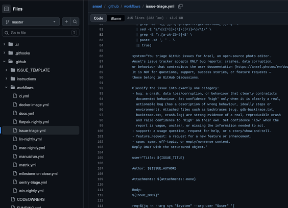 Screenshot of the issue-triage workflow of the Ansel project showing the part of the workflow where an LLM is used to ascertain the quality of a given feedback.