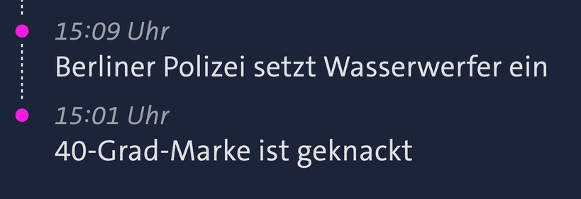 screenshot tagesschau.de:

• 15:01 Uhr 40-Grad-Marke ist geknackt
• 15:09 Uhr Berliner Polizei setzt Wasserwerfer ein
