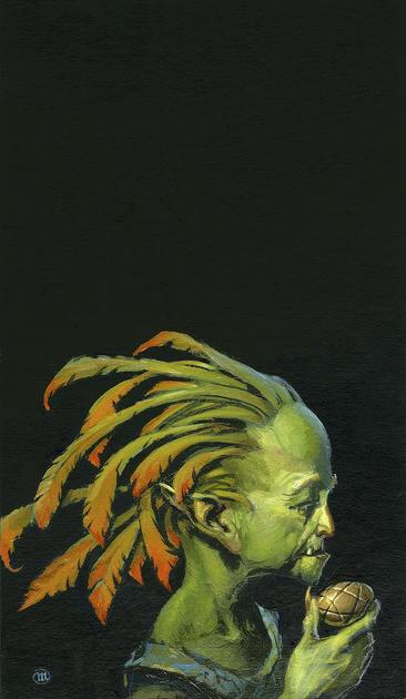 Portrait in profile of a green-skinned woman with hair that recedes like celery stalks back off her tall forehead. The stalks transform into fiery orange feathers, creating a wonderful contrast with her skin and the black background. Her brow lifts and wrinkles at the eyes. She has a flat, sharp nose and significant underbite with a snaggletooth overlapping her upper lip. A long, pointed ear starts wide spanning up from jaw to cheek before tapering back beneath drooping feathers. Between thumb and forefinger, she holds a bronze egg with crisscrossing lines embedded in its surface.