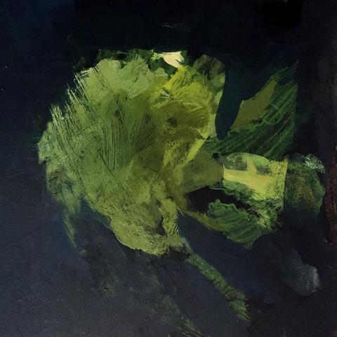 Progress photo of THE GREEN WOMAN showing the initial paint marks that against the black palette looks roughly like a mushroom on its side, stalk facing right.