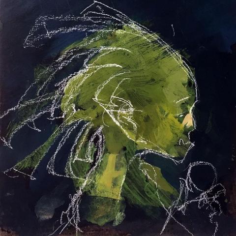 Progress photo of THE GREEN WOMAN  with further embellishment of the face in white chalk, defining the square underbite, pointed ear, brow and eyes. She is now holding out the round shape that would become the egg. More stalks of hair have been rough in sweeping arcs that give balance to the green splotchy mushroom of her head.