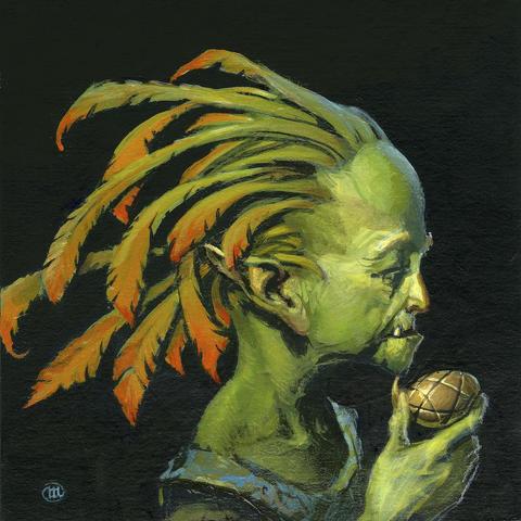 Detail from THE GREEN WOMAN featuring contrasting acidic tones of skin with rich orange feather-stalks that take the place of hair. Her underbite and overlapping snaggletooth create a goblin-like appearance. Despite these cartoonish features, the realistic rendering—seen in subtle highlights in the wrinkles on her brow and around her eye—lend her a nobility of character.