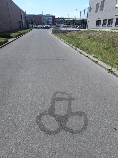 Material: Farbe auf Asphalt. 
Dieses Kunstwerk besticht durch den ungewöhnlichen Untergrund, den die Kunstschaffende hier gewählt hat. Leider ist die Örtlichkeit wenig einladend und nicht besonders frequentiert. 
Nun zu den künstlerischen Aspekten diese Arbeit: Das Werk zeugt von einer schönen Symmetrie, die an der Eichel gebrochen wird. Die Strichstärke oszilliert, was dem ganzen eine Leichtigkeit und gleichzeitig Dringlichkeit verleiht. 
Desweiteren punktet das Kunstwerk durch seine Minimalität. Diese wenigen Striche erzeugen maximale Aussagekraft.