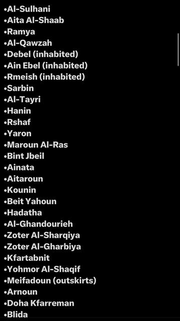 •Al-Sulhani
•Aita Al-Shaab
•Ramya
•Al-Qawzah
•Debel (inhabited)
•Ain Ebel (inhabited)
•Rmeish (inhabited)
•Sarbin
•Al-Tayri
•Hanin
•Rshaf
•Yaron
•Maroun Al-Ras
•Bint Jbeil
•Ainata
•Aitaroun
•Kounin
•Beit Yahoun
•Hadatha
•AI-Ghandourieh
•Zoter Al-Sharqiya
•Zoter Al-Gharbiya
•Kfartabnit
•Yohmor Al-Shaqif
•Meifadoun (outskirts)
• Arnoun
•Doha Kfarreman
•Blida