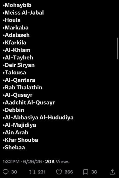 •Mohaybib
•Meiss Al-Jabal
•Houla
• Markaba
•Adaisseh
•Kfarkila
•AI-Khiam
•Al-Taybeh
•Deir Siryan
•Talousa
•Al-Qantara
•Rab Thalathin
•Al-Qusayr
•Aadchit Al-Qusayr
•Debbin
•Al-Abbasiya Al-Hududiya
•Al-Majidiya
•Ain Arab
•Kfar Shouba
•Shebaa
1:32 PM • 6/26/26 • 20K Views
30
{7 231
266
38