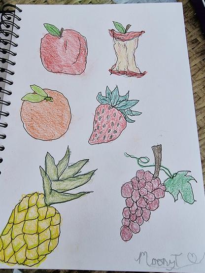 6 fruit drawn and coloured in. A full apple red apple, an apple core, an orange, a strawberry, a pineapple  and a bunch of red grapes.