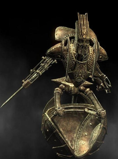 A golden colored fantasy robot the upper half looks vaguely human shaped, though one arm is a sword and the head/helmet is pretty elongated. The bottom half is a sphere where an two angled portions of the sphere are wheels that angle in and meet at the bottom of the sphere, then there's a fixed body thats between and above the wheel portion.

In the game when the robot is idle it just looks like a sphere, when it attacks, part of the sphere opens up and the humanoid part pops out to stab the player.