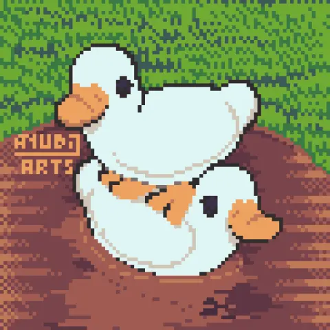 A Pixel Art redraw featuring a duck standing sideways on top of another duck at a small, dirty pond. A fantastic method of transportation.