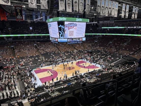 The court from the upper levels at Scotiabank. The teams are warming up.