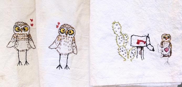 Dusty the Owl, a cartoon burrowing owl character from my playthrough of Precious Little Animal, as dishtowel embroidery, to pre-empt the opengraph preview.