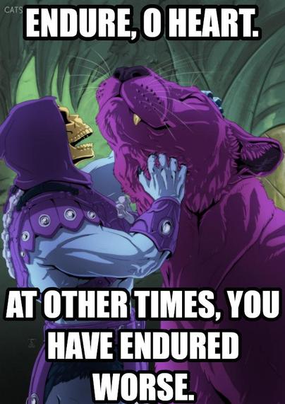 Endure, o heart. At other times, you have endured worse. Says Skeletor comforting Panthor after he lost his favorite toy (he destroyed it.)