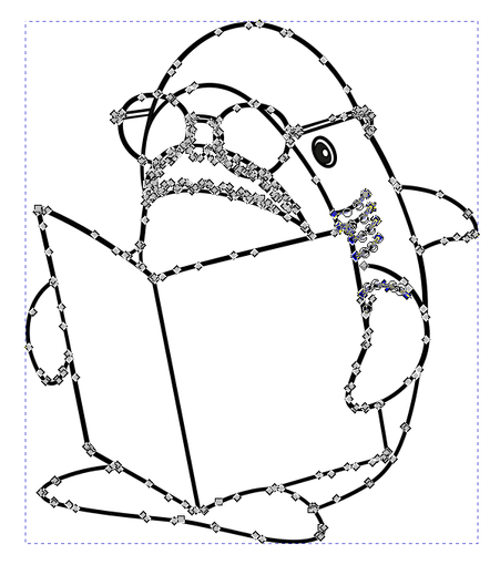 A Blahaj with glasses holding a manual/book

Its selected in inkscape with the edit-path tool, showing the control nodes.