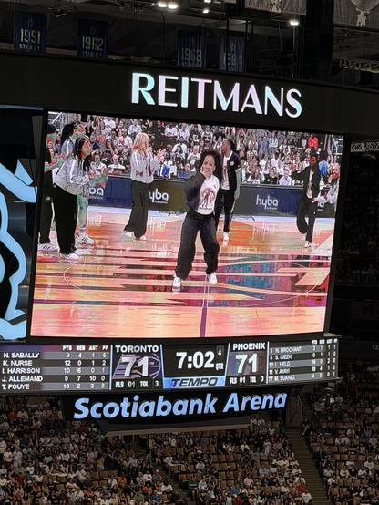 Scoreboard showing basketball game tied at 71