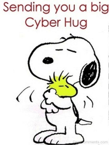 Snoopy hugging Woodstock, with the text “Sending you a big Cyber Hug“ above them