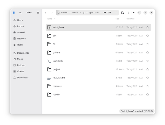 Screenshot of a Nautilus window. It shows an executable named artist_linux, a shell script named launch.sh, a README, and some folders.