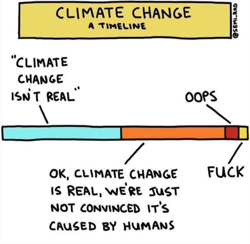Climate change, a timeline, by @semi-rad

First period of the timeline: "climate change isn't real"
Second period: "ok, climate change is real, we're just not convinced it's caused by humans" 
Third period, very short: "oops"
Last period, even shorter: "fuck"