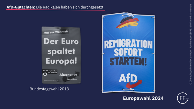 Links ein Plakat der AfD zur Bundestagswahl 2013, darauf steht: “Mut zur Wahrheit. Der Euro spaltet Europa! Am 22. September AfD wählen!” Rechts ein Plakat der AfD zur Europawahl 2024, darauf steht: “Remigration sofort starten!”