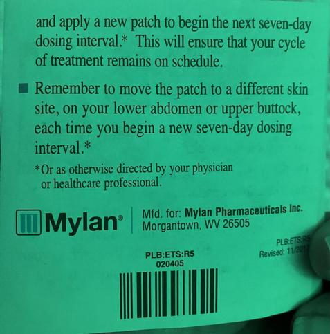 (Page 2 of the Mylan patch directions)

and apply a new patch to begin the next seven-day dosing interval.* This will ensure that your cycle of treatment remains on schedule . . . 

*Or as otherwise directed by your physician or healthcare professional.